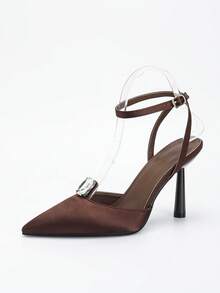 Women's Pointed Toe High Heel Shoes With Rhinestone Buckle And Exposed Heel, Pumps, Fall, Autumn - Chocolate Brown - View 3