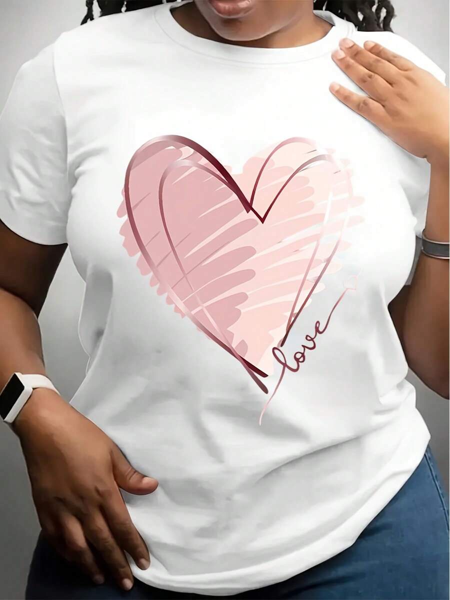 Heart Print Crew Neck T-Shirt, Short Sleeve Casual Top For Spring & Summer, Women's Clothing - White - View 1