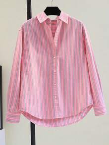 2025新款竖条纹长袖宽松休闲女式衬衫