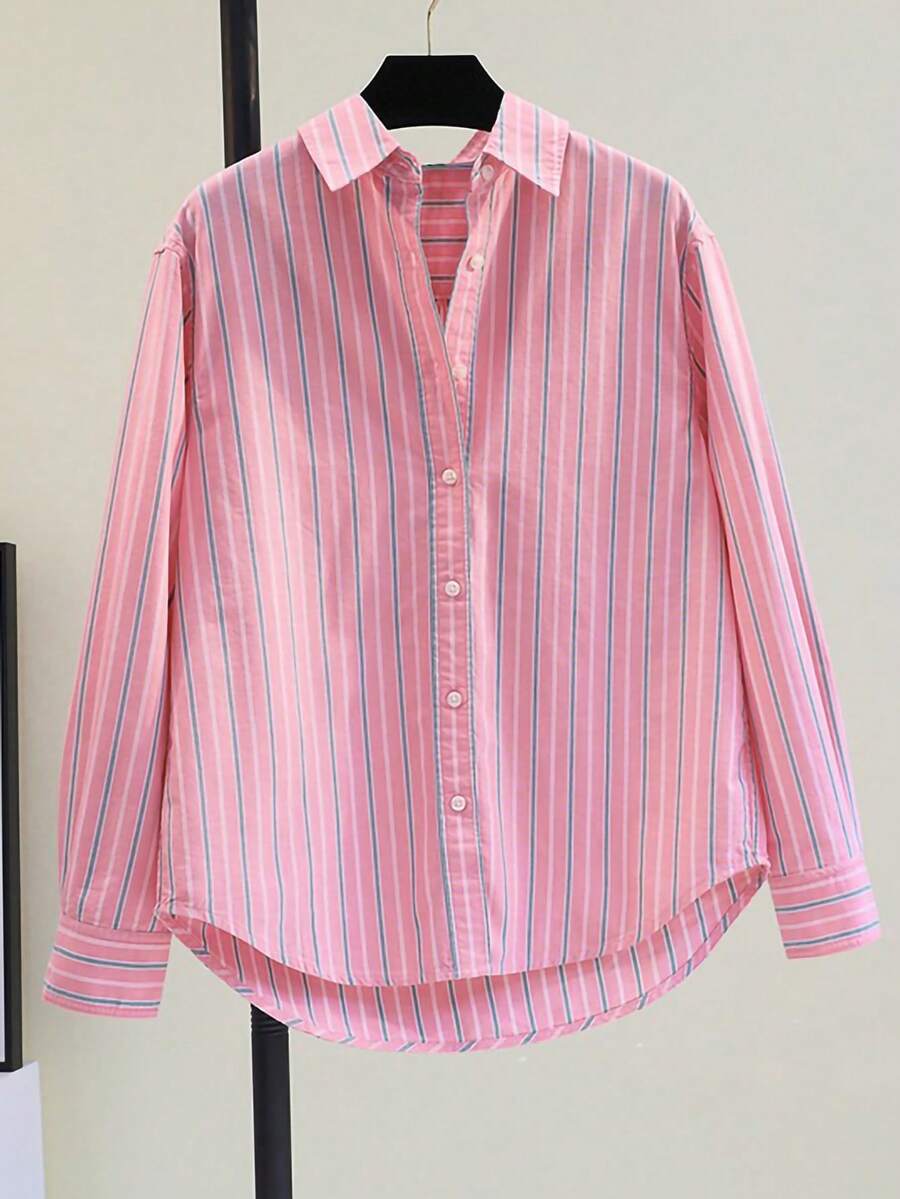 2025新款竖条纹长袖宽松休闲女式衬衫