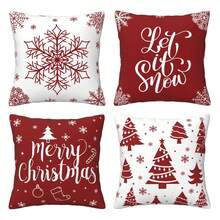 4pcs Merry Christmas Pillow Covers, Snowflake Pattern, Christmas Tree Home Decor, Living Room Outdoor Sofa Single-Sided Design, Pillow Inserts Not Included - Red and White - View 1