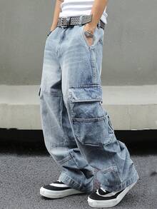 Men's Baggy Denim Cargo Pants Loose Fit Streetwear Wide Leg Workwear Style With Large Side Pockets - 淺色水洗藍 - 查看 3