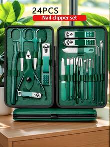 六合一专业美甲美足套装，男女通用，高品质不锈钢材质，带收纳盒，便携式指甲钳，适合居家旅行，包含绿色指甲锉、镊子和指甲钳，轻巧美容工具套装，也适用于面部护理 - 墨綠色 - 查看 8