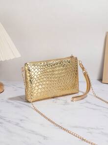 1pc Gold Crocodile Embossed PU Minimalist Clutch Bag With Metal Chain Shoulder Strap & Coin Purse - Gold - View 5