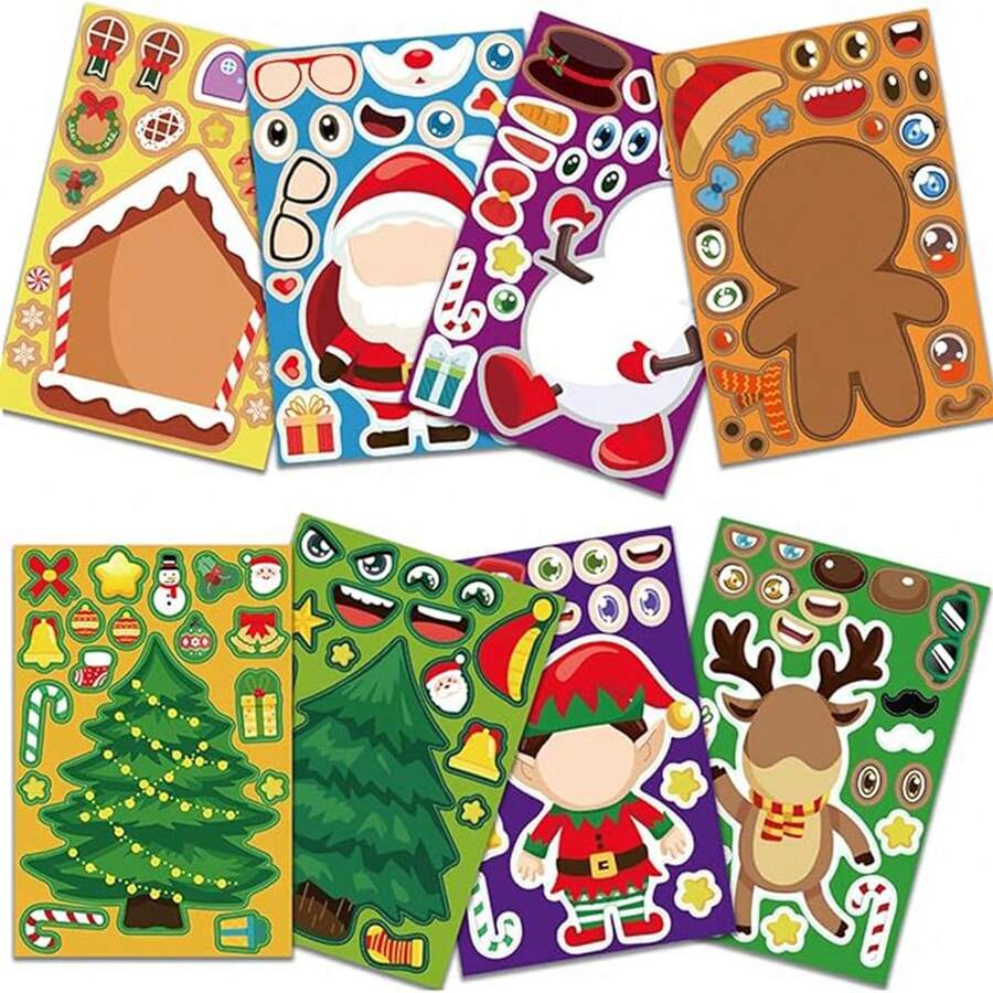 8/16/40sheet Christmas Stickers, Make Your Own Mix And Match Sticker, Stocking Fillers, Include Santa Claus, Reindeer, House,Christmas Tree And Snowman,Christmas Crafts For Kids Party Favors Supplies, Party Activity Games Classroom Decoration Gifts