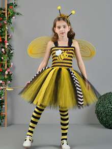 Girl Bee Costumes Contrast Tulle Cami Dress Striped Stockings Wings Magic Wand And Headband Halloween Cosplay Set - 黃色 - 查看 2