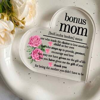 Centerpieces Bonus Mom Acryl Hart - Een attent cadeau voor vrouwen, verjaardagscadeaus voor moeders en Moederdag. Ideaal als bureaudecoratie voor op kantoor, in de woonkamer, slaapkamer en keuken. Dit hartvormige decoratiestuk heeft een ontroerende boodschap en een bloemmotief. Perfect om elke kamer een persoonlijk tintje te geven.