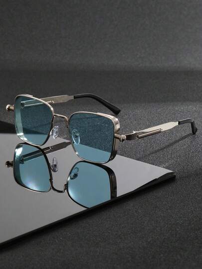 1 Pair Men's Metal Square Steampunk Fashion Glasses, Suitable For All Seasons, Fashionable Outfits, Party Decoration, Outdoor Travel, Beach Vacation, Cycling, Driving, Daily Use