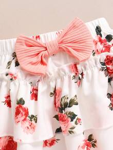 2pcs Baby/Toddler Girls' Cute Flare Sleeve Ribbed Long Sleeve Bodysuit And Bowknot Floral Print Skirt Casual Outfit Set