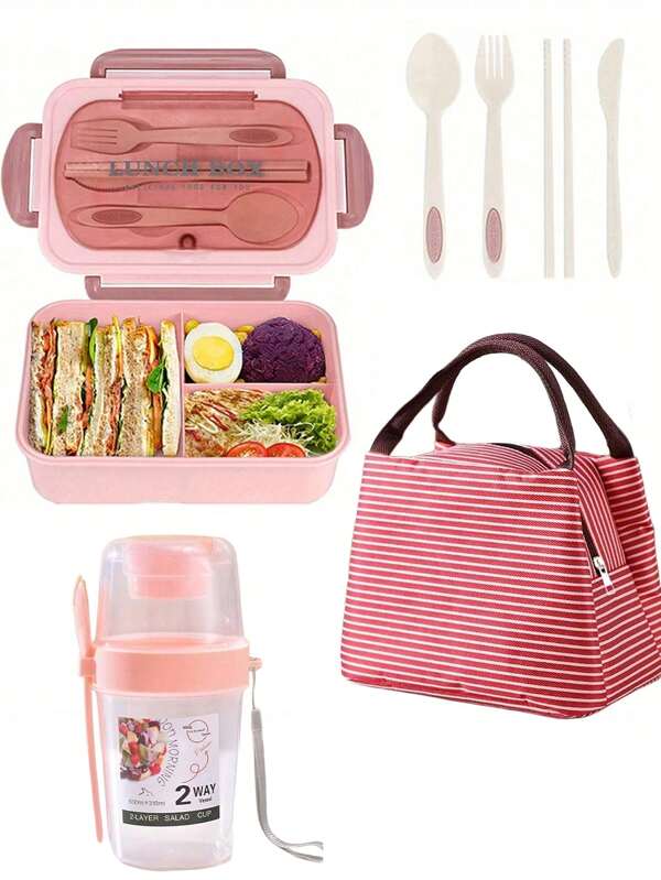 Set de 3 piezas, lonchera grande para adultos, recipiente de almuerzo de 1200 ml, caja de loft con cubiertos, fiambrera de tres compartimentos, con una bolsa de comida a rayas elegante para un transporte fácil, una taza de ensalada, adecuada para picnics , viajes, trabajo y regreso a la escuela