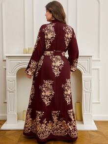 DEARCASE Plus Size Floral Print Lantern Sleeve Dress - Burgundy - View 2