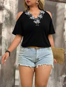 Elegant Fashion Versatile Floral Fabric V-Neck Blouse | Casual Fall Clothes Plus Size For Women | Spring Summer Break Country Concert Vacation Outfits For Women - màu đen - Xem 6