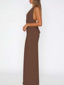 女士纯色系带露背吊带修身褶皱长裙，性感优雅派对晚礼服，适合舞会、情人节、婚礼等场合，春季穿着。 - 棕色 - 查看 7