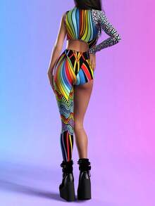 Women's Sexy Party Jumpsuit, Tight-Fitting, Asymmetric, Performance, Holiday, Printed, Long Sleeve