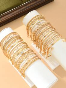 20/19/10/5件多件堆叠时尚简约优雅精致复古设计几何扣水晶闪亮扭珠盒链光滑蛇骨链编织链锁链飞机链极简金属风格素链手链套装，适合节日、派对、约会、礼物、日常佩戴（随机发货） - 金黃色 - 查看 10