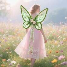 女士绿色仙女翅膀 - 大自然母亲服装森林精灵翅膀，配有彩色花朵、叶子和藤蔓，成人可用蝴蝶翅膀搭配文艺复兴时期文艺复兴节仙女服装，搭配魔杖和花环拍摄 - 彩色 - 查看 6