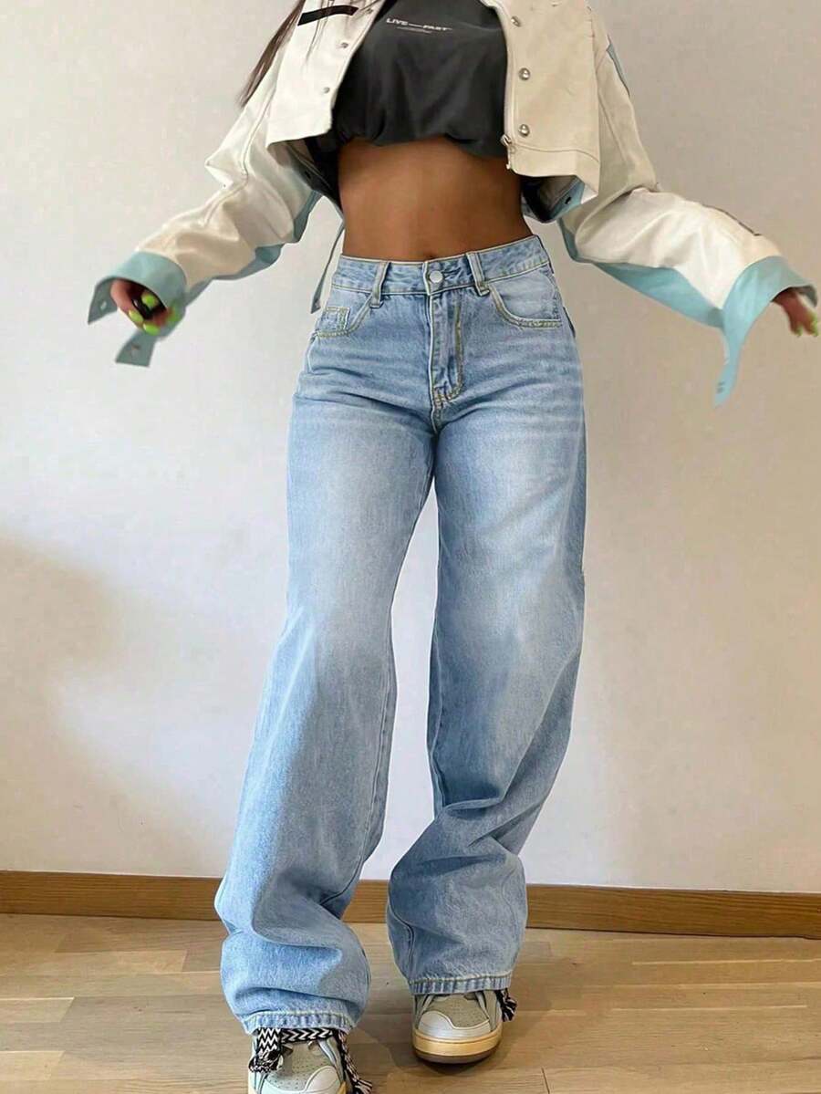 Women's Retro Loose Stacked Straight Denim Pants Casual Spring - Light Wash - View 1