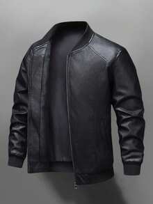 运动户外秋装防风防水外套推荐男士上衣运动服狩猎骑行日常休闲PU皮大衣、羊毛 - 黑色 - 查看 2