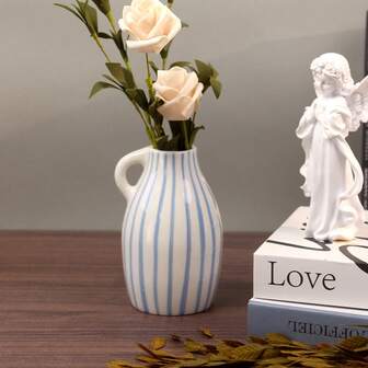 1pc Hand-Painted Blue Striped Ceramic Vase, Living Room TV Cabinet, Tea Room Zen Decor, Handcrafted Blue And White Porcelain Flower Arrangement Vessel, Home Decoration Flower Art Display. Room Decor Flower Vase Glass Vase