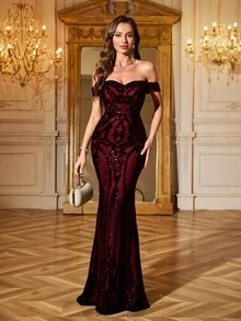 UNITHORSE 【随机裁剪】女士露肩露背连衣裙，闪亮亮片优雅晚礼服，婚纱，生日礼服，毕业礼服，正式礼服，婚礼春季派对礼服 - 酒紅色 - 查看 2