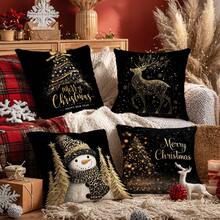 MEMNUN 4 Stück Weihnachts Schwarz Gold Weihnachtsbaum Weihnachtsmann Rentier Fröhliche Weihnachten Text Muster Polyester Dekorative Kissenbezüge [Ohne Kissenfüllung], 45*45cm/50*50cm/40*40cm, [Einseitig Muster] Weihnachts Atmosphäre Dekokissenbezüge für Sofa, Bett, Wohnzimmer, Schlafzimmer, Auto, Büro, Hotel, geeignet für alle Jahreszeiten, Weihnachtsgeschenk für Familie und Freunde