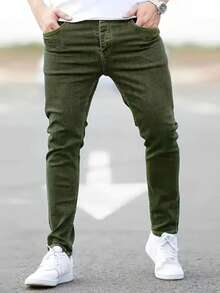 Men's  Green Slim Fit Stretch Jeans - Classic Elastic Denim Pants For All-Season Wear, Comfortable Skinny Tapered Leg Casual Trousers With Utility Pockets - 橄欖綠 - 查看 5