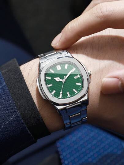 1pc Minimalist Square Dial Calendar Stainless Steel Strap Quartz Wrist Watch, Business (Watch Box Not Included) view 4