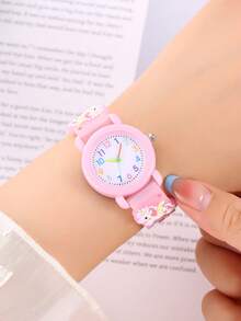 1 Đồng hồ trẻ em hình kỳ lân hoạt hình mới, Đồng hồ thạch anh điện tử dễ thương cho bé gái - Hồng - Xem 5