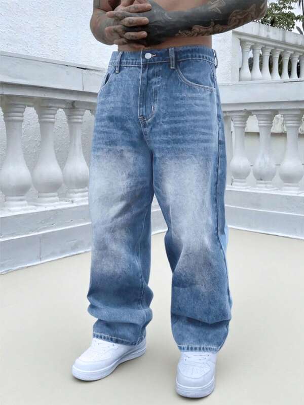 1 Stück Vintage gewaschene, locker geschnittene Straight Leg Herren Jeans