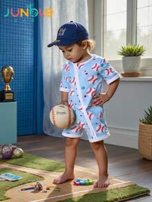Junblebaby Tight-Fitting - Bamboo Fiber Baby Short-Sleeved Double-Zipped Dress, Easy To Change Diapers, Baseball Theme, With Cartoon Blue And White Baseball Digital Print, Super Soft And Breathable Double-Zipped Short-Sleeved And Short Pants, Baby Jumpsuit, Suitable For Summer Wear - 藍色 - 查看 1
