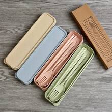 Wheat Straw Utensil Set, 3-Piece Fork Knife Spoon, Portable Travel Cutlery For Camping, Office,  Friendly Reusable - Multicolor - View 1