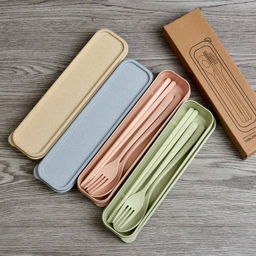 Wheat Straw Utensil Set, 3-Piece Fork Knife Spoon, Portable Travel Cutlery For Camping, Office,  Friendly Reusable - Multicolor - View 1