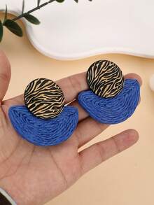 1 对手工制作的独特扇形吊坠，带有波浪形木质设计耳环，时尚百搭，适合女性度假和日常佩戴 - 藍色 - 查看 3