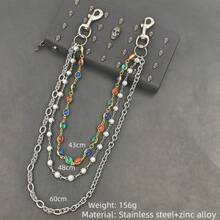 DIY Stainless Steel Multicolour Round Bead Agate Three Layer Pants Chain Men One's Waist Luxury Accessories Retro Keychain Hip Hop Jewelry Product Colors Randomly Send