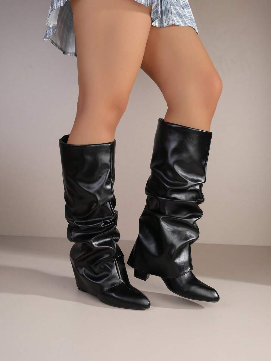 女士时尚宽版仿皮高筒靴，褶裥筒，粗跟，鲨鱼扣装饰及膝靴，性感户外高跟长靴，宽腿高跟鞋