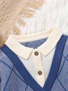 1pc Toddler Boys' Fashionable Lapel Diamond Grid Faux Pocket Long Sleeve Cardigan Sweater, Suitable For Everyday And Vacation, Spring/Autumn/Winter - Blue - View 11