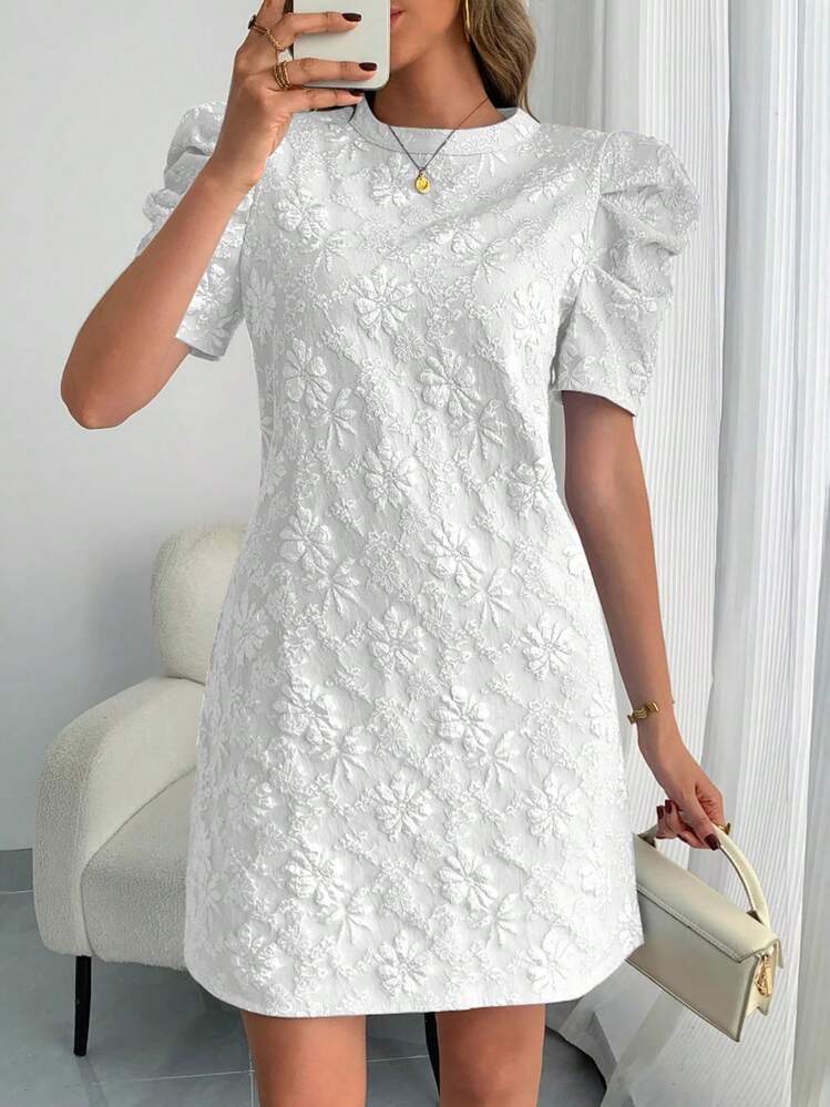Women Short Dress Bubble Sleeve Textured Jacquard Round Neck Retro
