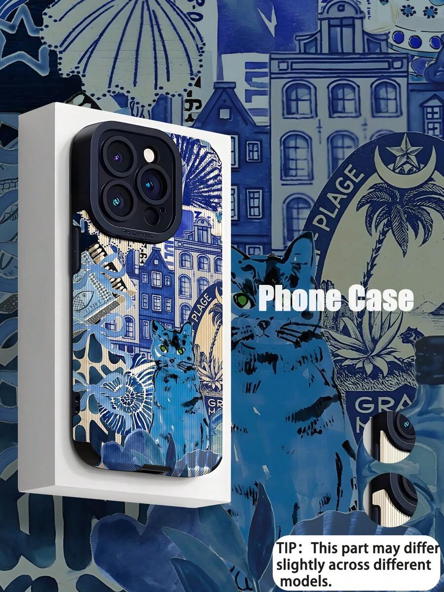 1 件独特多巴胺蓝色建筑蓝猫图案垂直仿皮防摔防指纹防震手机壳适用于苹果和型号 - 彩色 - 查看 1