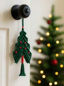 1pc Christmas Green Macrame Tree Decoration, Handwoven Christmas Ornament With Red Beads And Tassels, Christmas Tree Holiday Doorknob Hanger, Holiday Home Decor, Christmas Party Decoration, Mantel Decoration Christmas Decorations Room Decor Winter