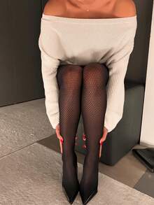 1 件万圣节性感透明镂空法式吊袜带风格渔网袜，女式大腿高筒紧身裤 - 黑色 - 查看 5