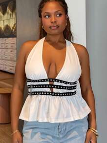 Tyla Gomez Nuevo diseño de verano para mujer, top corto con cuello de halter y remaches - Blanco - Ver 3