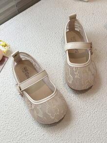 女童鞋！蕾丝网眼公主鞋，可爱针织刺绣款式，时尚平底鞋，舒适百搭 - 杏色 - 查看 2