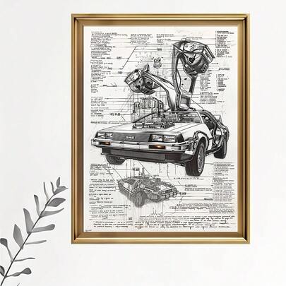1pc DeLorean Time Machine Blueprint Canvas Art Print - Frameless Vintage Wall Decor With Detailed Blueprint Illustration, Perfect For Home, Office, Cafe, Or Unique Gift Idea, Modern Canvas Wall Art
