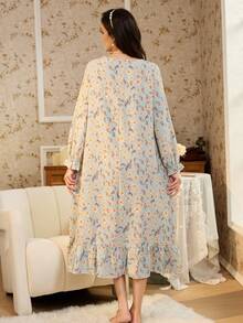 RS Pajama1 蕾丝 V 领长袖撞色蕾丝浪漫优雅印花睡裙，秋季，冬季，宽松睡衣 - 薄荷綠 - 查看 2