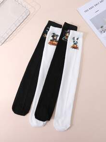 4 Pairs Of Black And White Long Stockings With Bat And Skull Print Patterns For Girls. They Are Suitable For Halloween And Are Backless Calf Socks. - Black and White - View 3