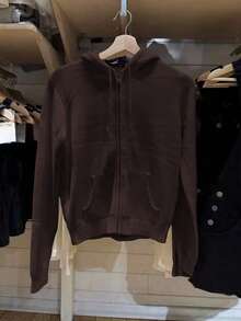 Sunny Girly Christmas Fall Winter Clothes For Women Back To School Y2K Casual Street Commuter Solid Color Zippered Side Pocket Design Hooded Brown Sweater Cardigan Coat