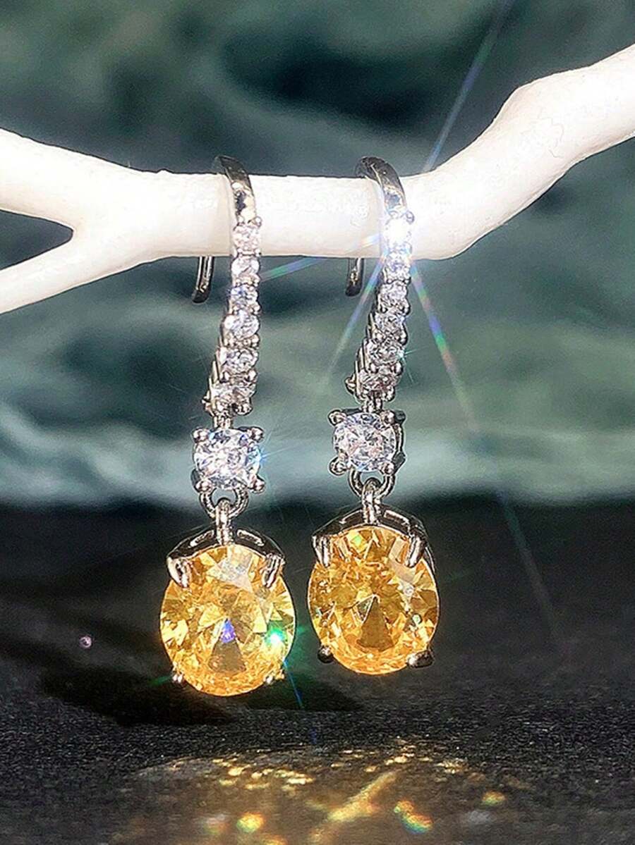 1pair Glamorous Rhinestone Oval Drop Earrings For Women For Party - Màu vàng - Xem 1