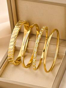 4pcs/3pcs/1pc 18K Gold-Tone Stainless Steel Bangle Bracelets, & Fashionable Accessories Suitable For Everyday Wear, Casual, Gifts For Relatives, Friends, Lovers, Girlfriends, Holidays, Street Style, Music Festivals, Beach Vacations