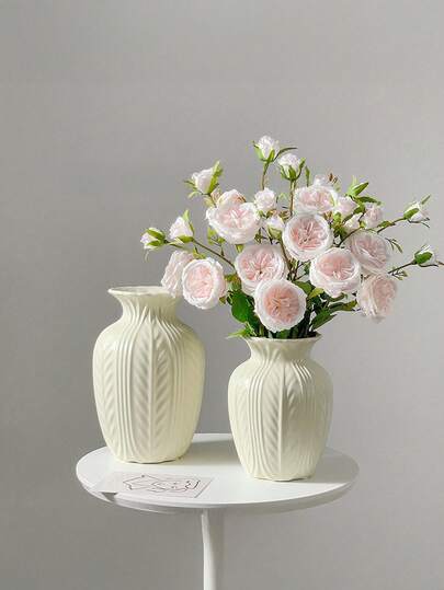 1PC Shatterproof Faux Ceramic Plastic Vase, Moderne Minimalist Home Wit Gestreepte Textured Cylindrical Elegante Multi Functional ative Flower Vase Wedding, Office, Seasonal Displays, Year Round Indoor/Outdoor Room Glass view 10