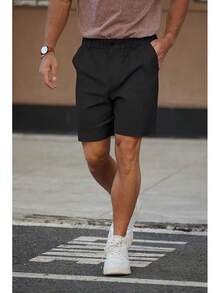 Men's Cotton Casual Classic-Fit 7" Chino Shorts Elastic Waist Daily Wear Dress Baech Summer Shorts-2025 - màu đen - Xem 2